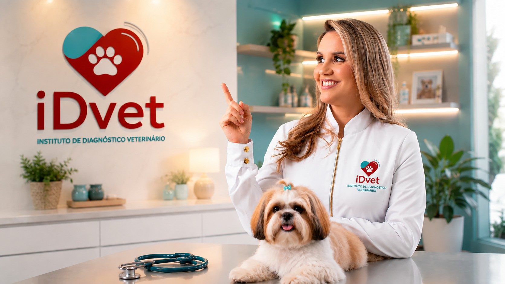 Dra. Joana D'Arc, Médica Veterinária do iDvet, sorrindo ao lado de um cão shih-tzu na mesa de atendimento