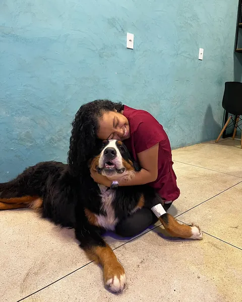 Profissional do iDvet abraçando um cão bernese no chão da clínica